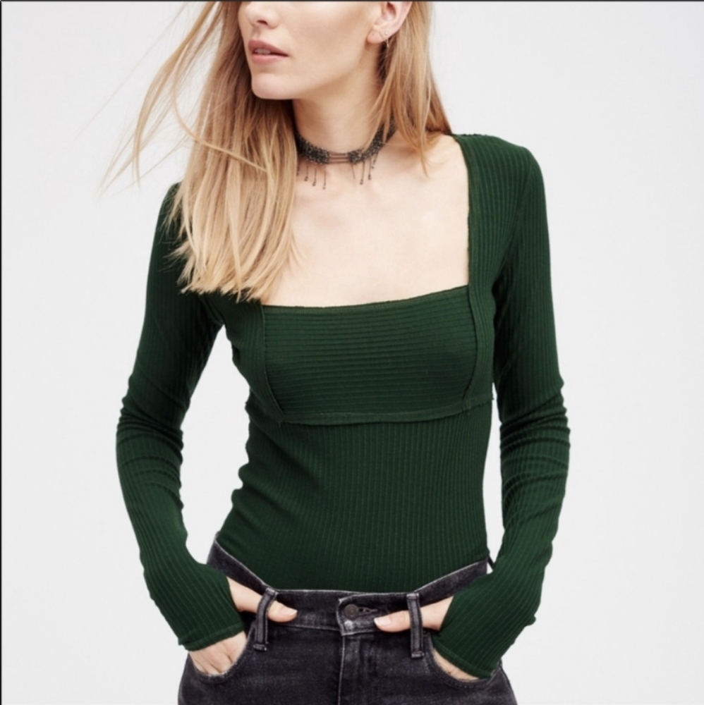 Free People Top Dark Green Square Neckline Ribbed Long Sleeve Top Size Medium